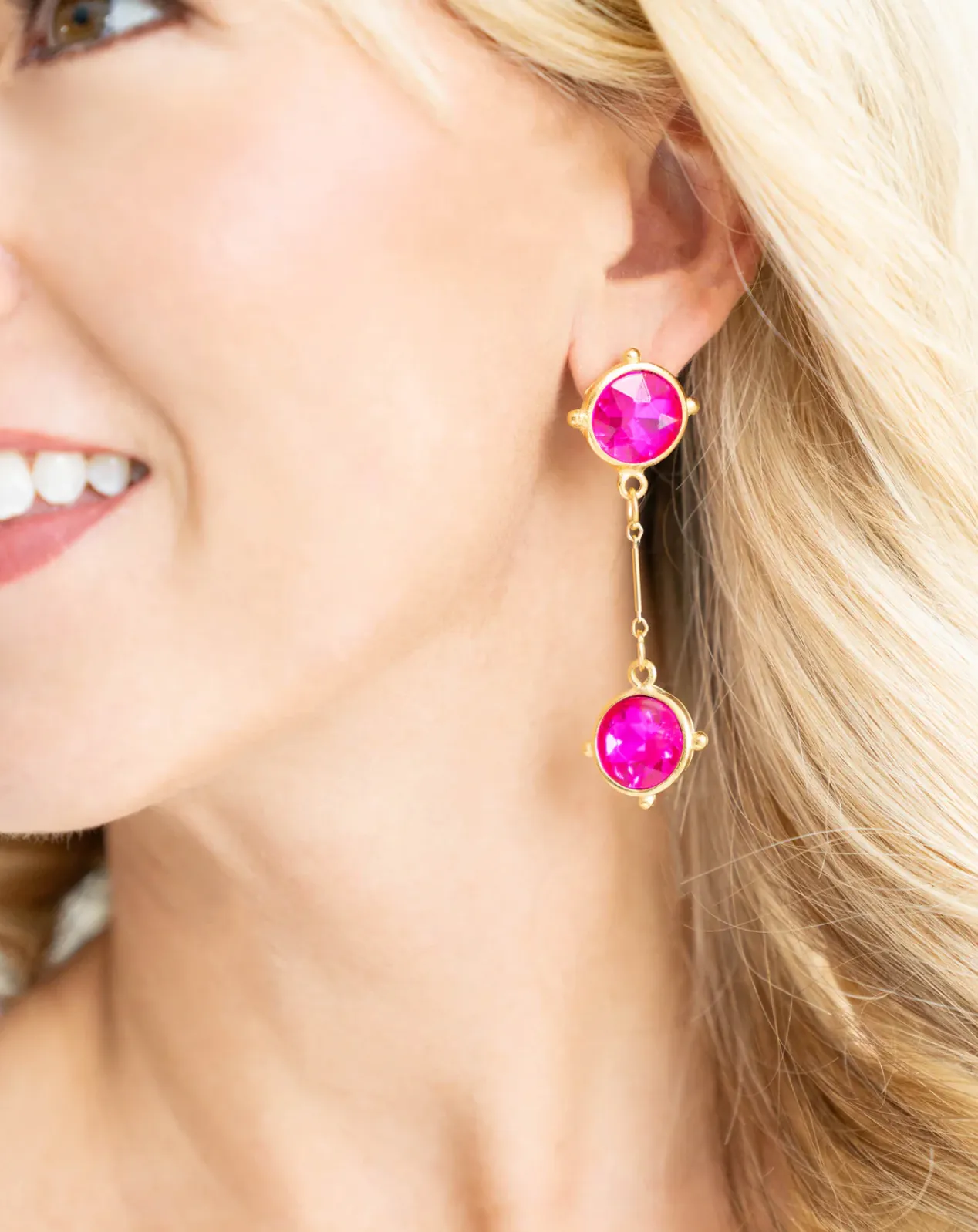 Double Hot Pink Round Crystal Drop Earrings
