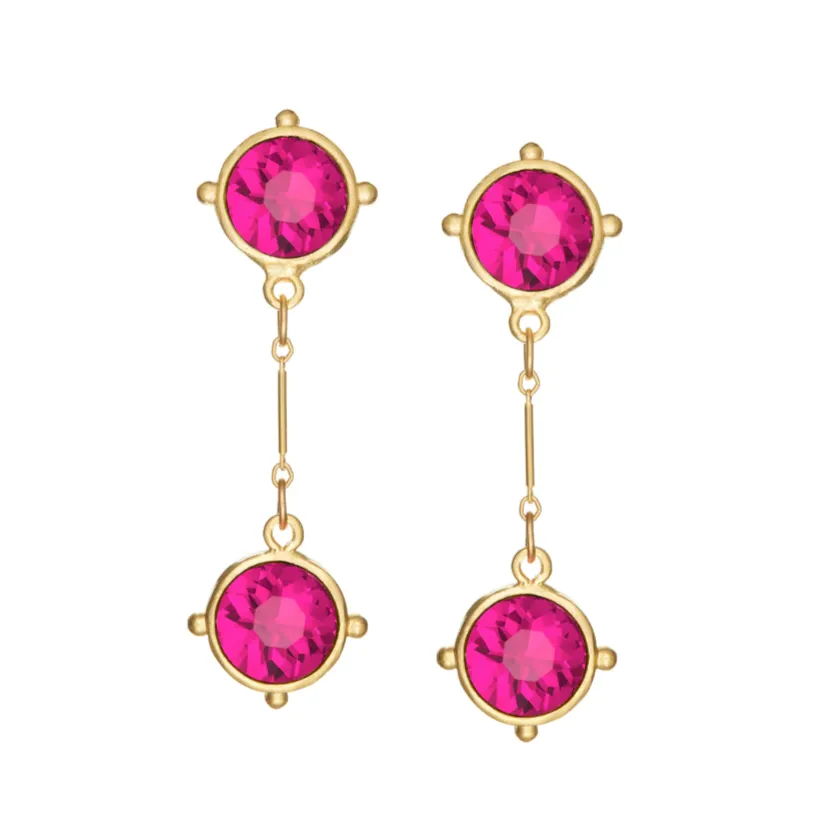Double Hot Pink Round Crystal Drop Earrings