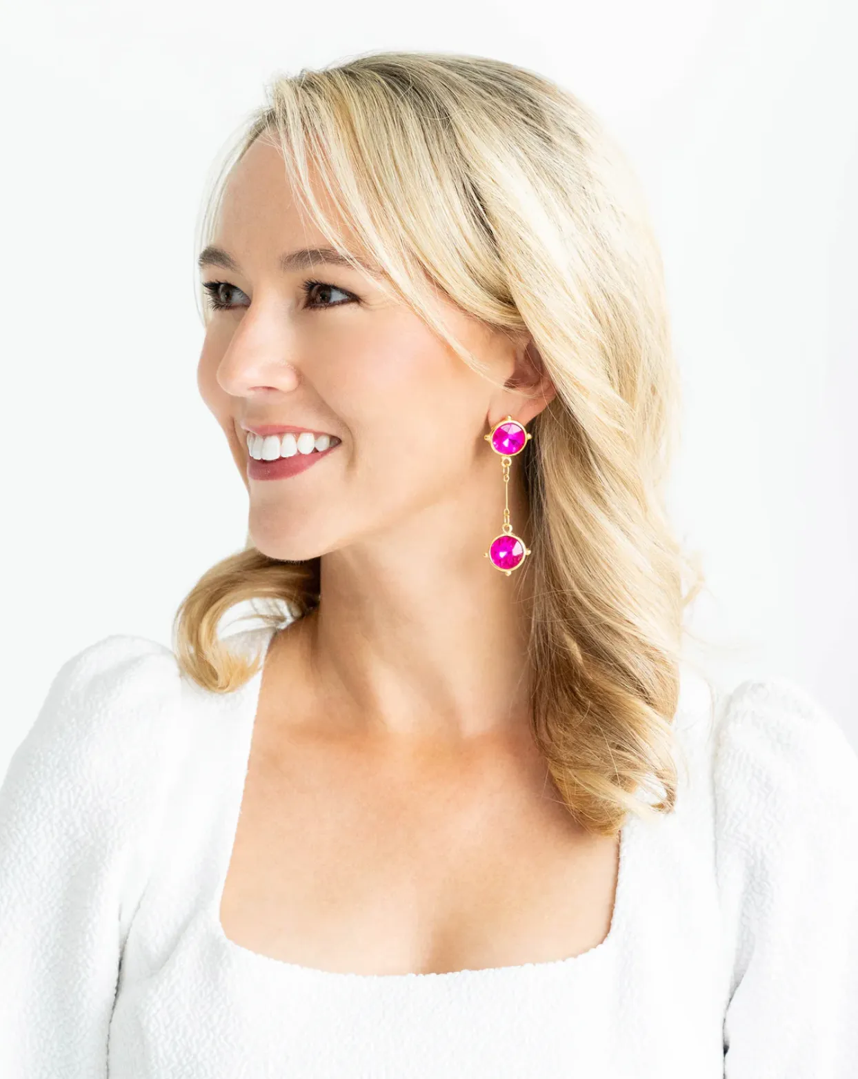 Double Hot Pink Round Crystal Drop Earrings