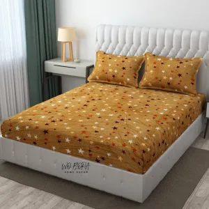 WO FLORA Winter Bedsheet for Doublebed | King Size Elastic Fitted Bedsheet with 2 Full Size Pilllow Covers | Super Soft Velvet Warm Bedsheet fit Upto 72x78x6 Inches Mattress, Brown Stars